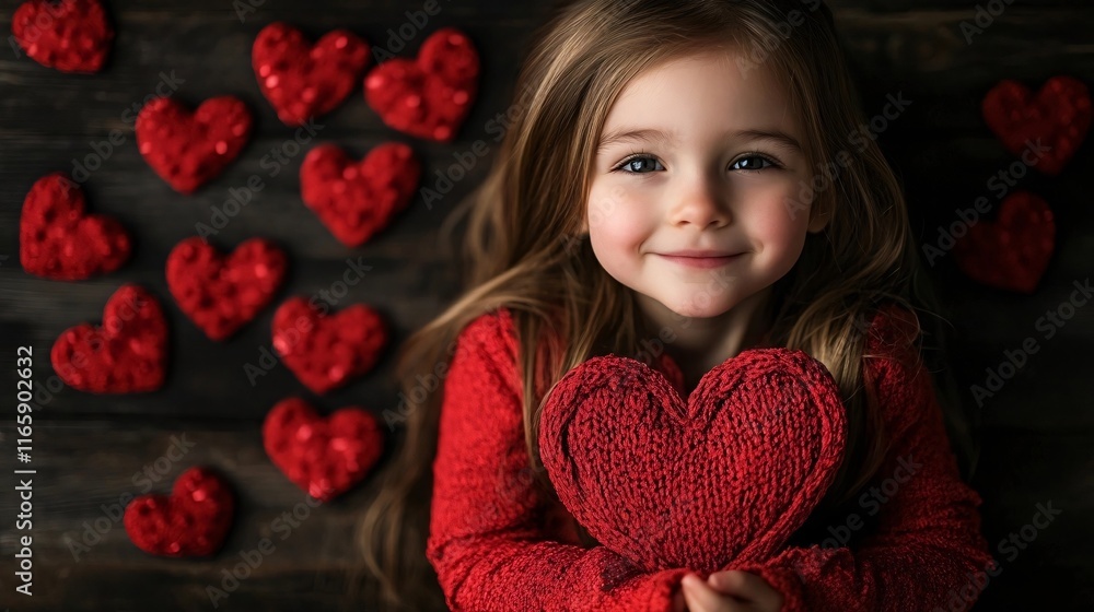 A smiling young girl in a red sweater holding a knitted heart, surrounded by scattered red hearts on a dark wooden background, creating a warm and heartfelt Valentine's Day theme A smiling young girl in a red sweater holding a knitted heart, surrounded by scattered red hearts on a dark wooden background, creating a warm and heartfelt Valentine's Day theme