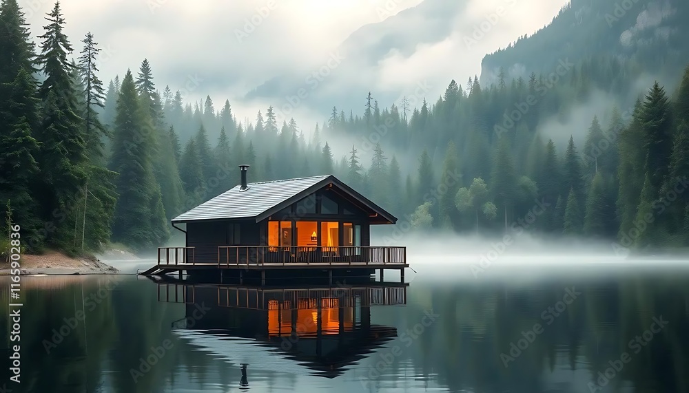 Fototapeta premium Serene Lakeside Cabin with Warm Lights Reflecting on Calm Water