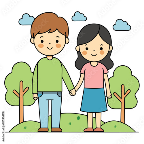 Couple Holding Hands at a Park Cheerful and Romantic, Isolated on White Background