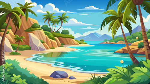 A peaceful cove with a sandy beach, crystal-clear water lapping at the shore, and a small cluster of palm trees offering shade