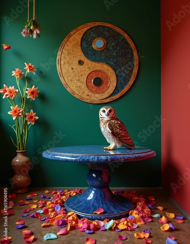 a room with green and red walls, colorful yin yang symbol on the wall, a blue ruby table in the room, a real tawny owl on the table, flower petals in red blue yellow green purple orange colors falling photo