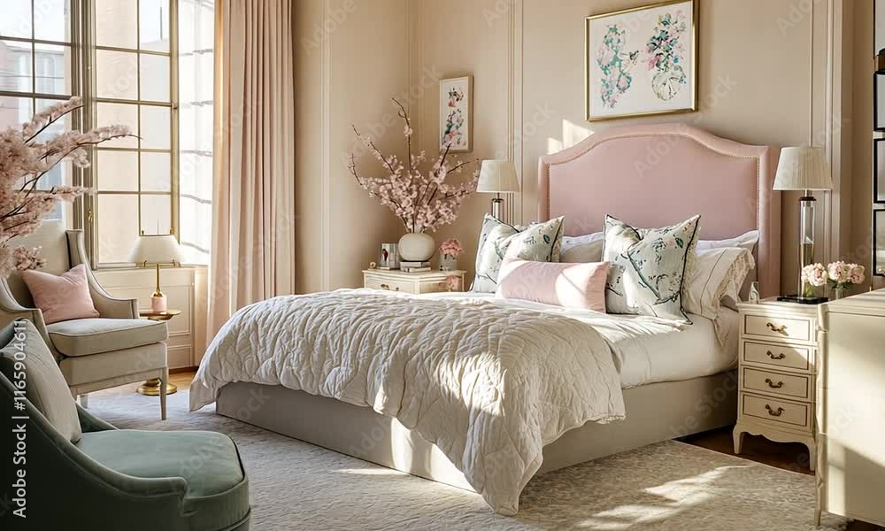 A serene, elegantly designed bedroom featuring soft colors and floral decor. A serene, elegantly designed bedroom featuring soft colors and floral decor.