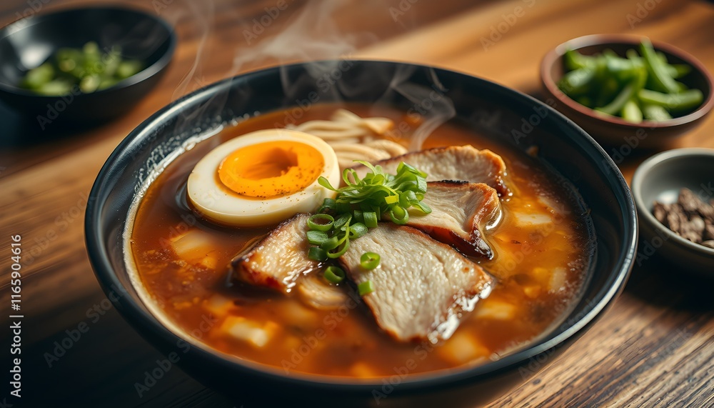 ramen bowl, steaming hot soup, soft-boiled egg, green onions, chopsticks, ceramic bowl, wooden table, dark background, food photography ramen bowl, steaming hot soup, soft-boiled egg, green onions, chopsticks, ceramic bowl, wooden table, dark background, food photography