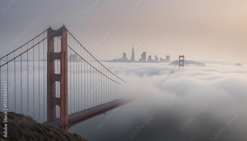 Fototapeta premium A foggy morning in San Francisco, USA, with the Golden Gate Bridge shrouded in mist and the city skyline peeking through the clouds.