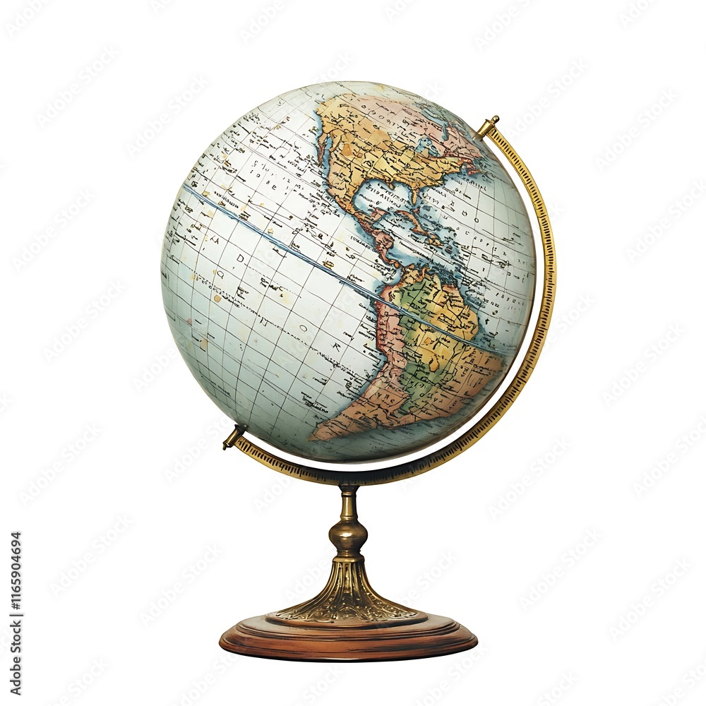 Antique-Style Globe on Wooden Stand with Brass Meridian. Antique-Style Globe on Wooden Stand with Brass Meridian.