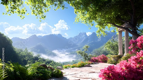 Serene mountain vista viewed from a stone pathway with lush greenery and pink flowers, partially obscured by tree branches.
