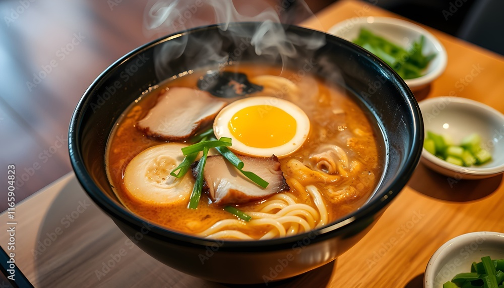 ramen bowl, steaming hot soup, soft-boiled egg, green onions, chopsticks, ceramic bowl, wooden table, dark background, food photography, high contrast, rich colors, appetizing