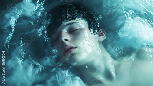 Submerged Serenity: A Young Man's Underwater Portrait photo