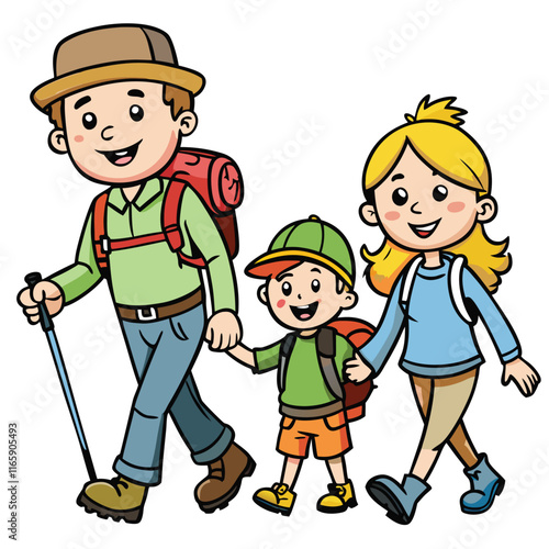 Family Walking on a Trail Wearing Hiking Gear, Isolated on White Background
