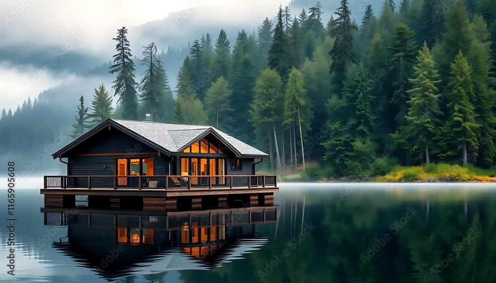 Serene Lakeside Cabin with Warm Lights Reflecting on Calm Water Serene Lakeside Cabin with Warm Lights Reflecting on Calm Water