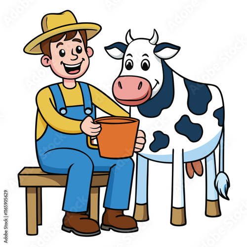 Farmer Sitting on a Stool Milking a Cow Cheerful - Variation 1, Isolated on White Background