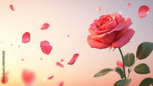 A soft rose falling slowly in a minimalist abstract background symbolizing deep affection , Valentine's theme. 