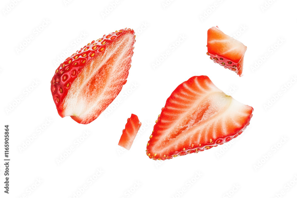 Falling Slice of Fresh Strawberry isolated on transparent background Falling Slice of Fresh Strawberry isolated on transparent background