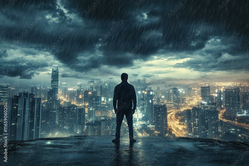 Individual overlooks a rain-soaked city skyline at night amidst dramatic clouds and urban lights Individual overlooks a rain-soaked city skyline at night amidst dramatic clouds and urban lights
