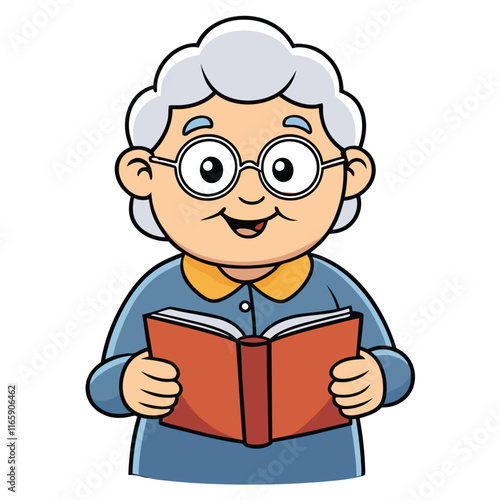 A grandma with glasses holding a storybook, warm and isolated on white background.