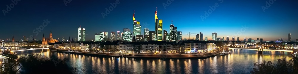 Panoramic View of Frankfurt Skyline at Night with Illuminated Buildings and Lit Riverfronts Panoramic View of Frankfurt Skyline at Night with Illuminated Buildings and Lit Riverfronts