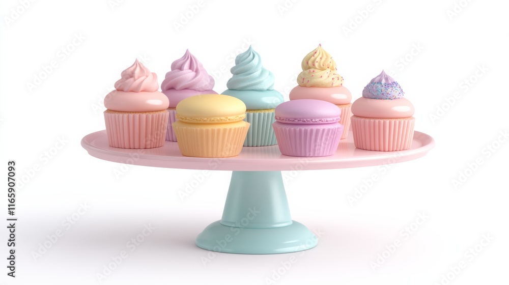 3D creative dessert stand with pastel-colored macarons and cupcakes, isolated on a clean white background 3D creative dessert stand with pastel-colored macarons and cupcakes, isolated on a clean white background