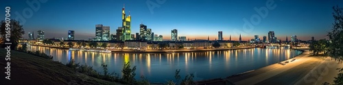 Panoramic View of Frankfurt Skyline at Night with Illuminated Buildings and Lit Riverfronts