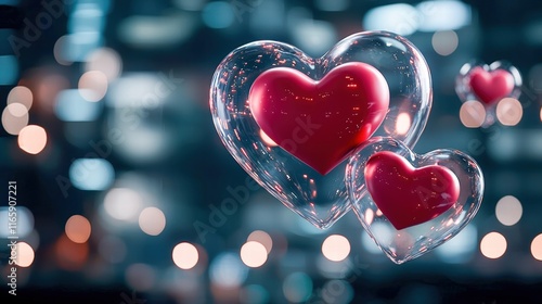 A dreamy visualization of transparent bubbles shaped like hearts, with vibrant red centers, creating a romantic and whimsical atmosphere.