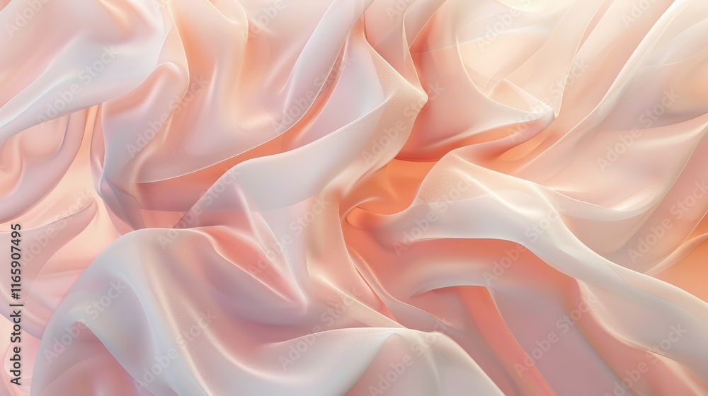 Fototapeta premium Smooth, peach colored fabric creating a delicate, flowing pattern, illuminated by soft light