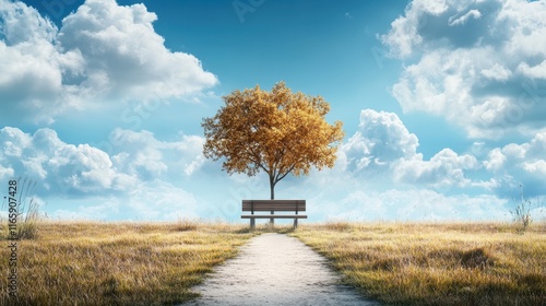 Solitary Bench in Open Field Surrounded by Lush Green Grass and Majestic Tree Evoking Calmness and Natural Beauty