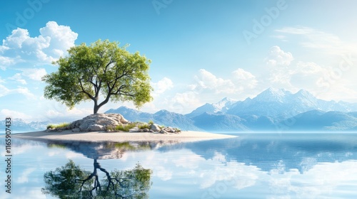 Isolated Tree Standing Proudly on Serene Island Surrounded by Tranquil Waters of a Clear Lake Under a Blue Sky