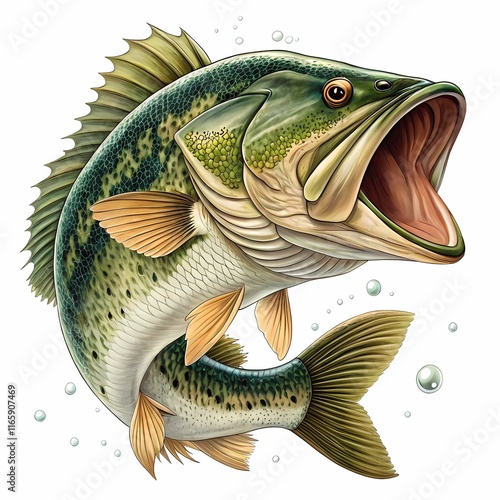 Dynamic illustration of a largemouth bass leaping from water, showcasing intricate detail and vibrant colors. Ideal for fishing themes, nature-inspired designs, and outdoor sports promotions.