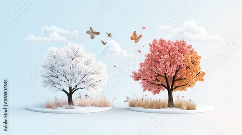 Vibrant Contrast of Two Unique Trees with Distinctive Colors and Shapes Standing Together in a Lush Natural Environment