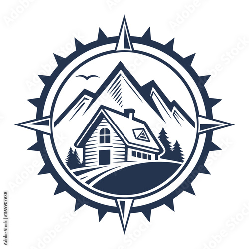 Vintage Mountain Cabin Logo with Compass Design