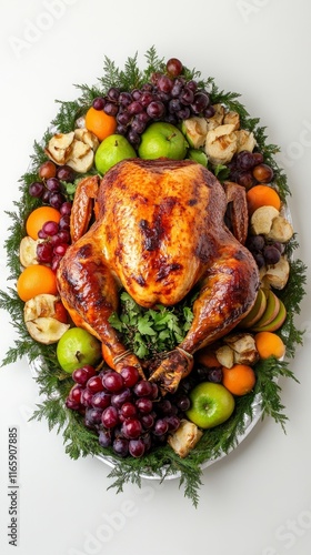 Roasted Thanksgiving Turkey Feast with Seasonal Fruits and Vegetables. A Festive Thanksgiving Dinner Display. photo