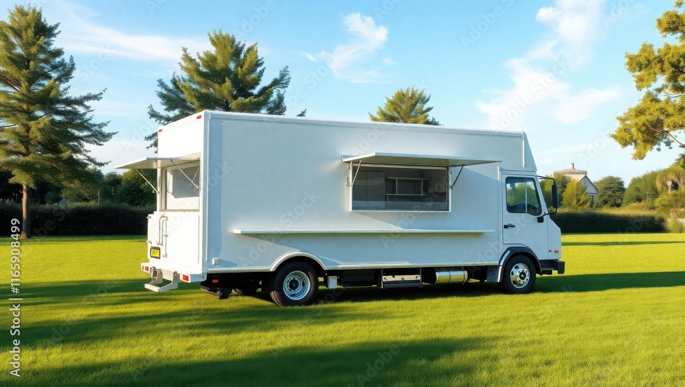 White Food Truck Parked In Green Grassy Field White Food Truck Parked In Green Grassy Field