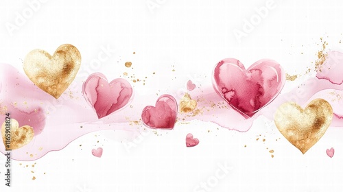 A beautiful illustration of pink and gold hearts with a watercolor effect, perfect for romantic themes and celebrations.