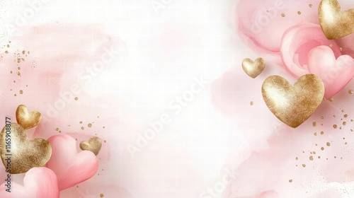 A romantic watercolor background featuring pink and gold hearts, creating a soft, dreamy atmosphere suitable for love-themed designs.