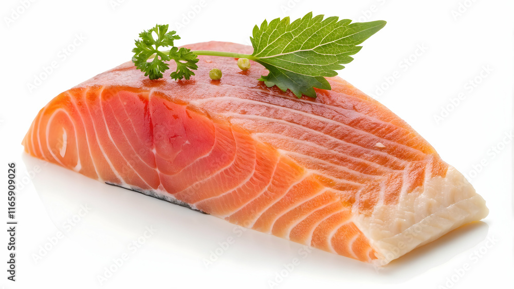 Raw Salmon Fillet with Green Garnishes on White Background Raw Salmon Fillet with Green Garnishes on White Background