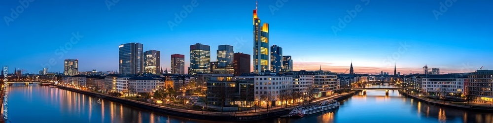 Panoramic View of Frankfurt Skyline at Night with Illuminated Buildings and Lit Riverfronts Panoramic View of Frankfurt Skyline at Night with Illuminated Buildings and Lit Riverfronts