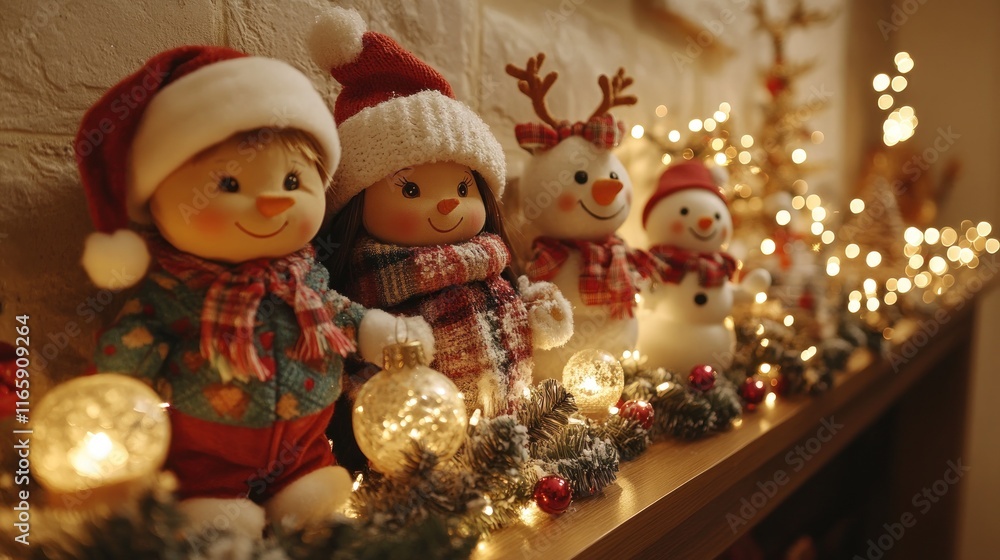 Festive Christmas dolls and snowmen on mantelpiece with lights. Festive Christmas dolls and snowmen on mantelpiece with lights.