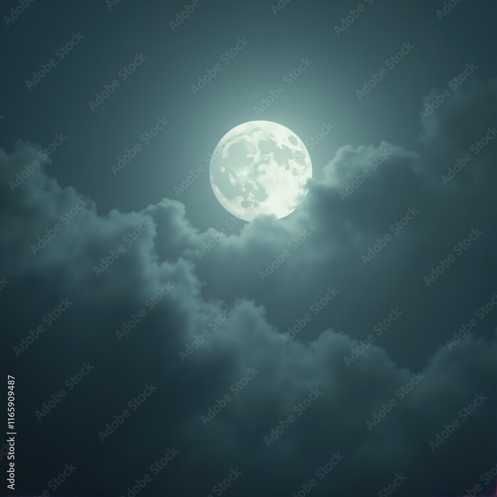 Mystical full moon shining through clouds with serene night atmosphere Mystical full moon shining through clouds with serene night atmosphere