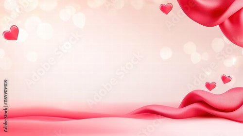 A romantic backdrop featuring soft pink hues, flowing fabric, and scattered hearts, ideal for love-themed designs and celebrations.