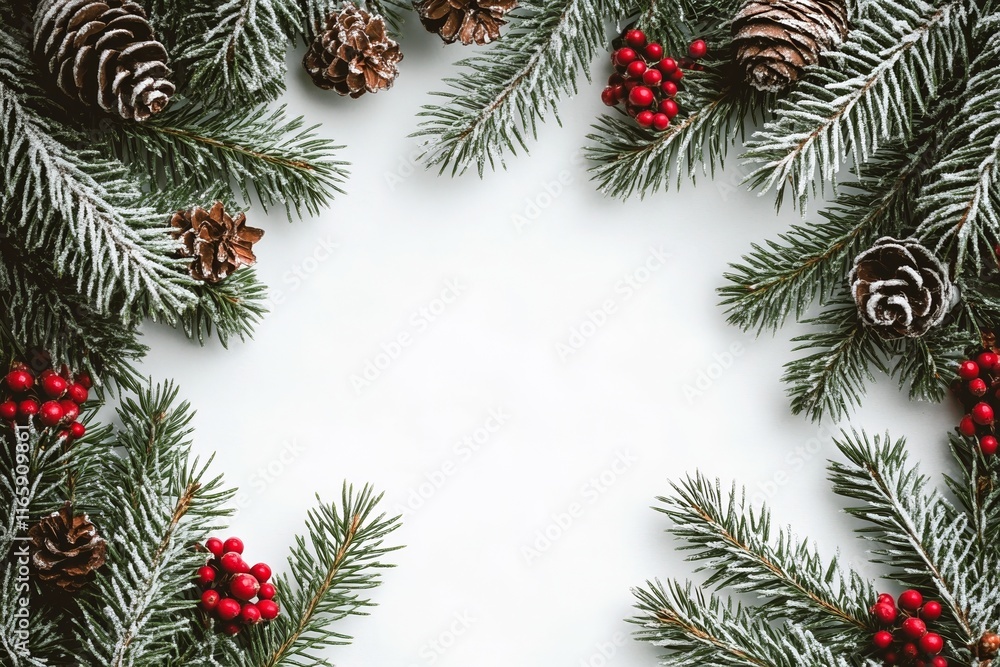 Christmas Tree Border with Snow and Red Berries on White Background Christmas Tree Border with Snow and Red Berries on White Background