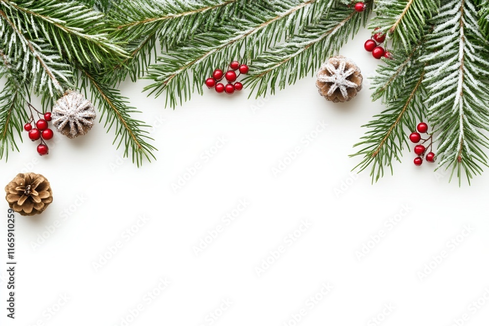 Christmas Tree Border with Snow and Red Berries on White Background Christmas Tree Border with Snow and Red Berries on White Background