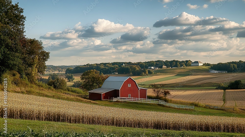 Red Barn in Scenic Farmland Landscape Red Barn in Scenic Farmland Landscape