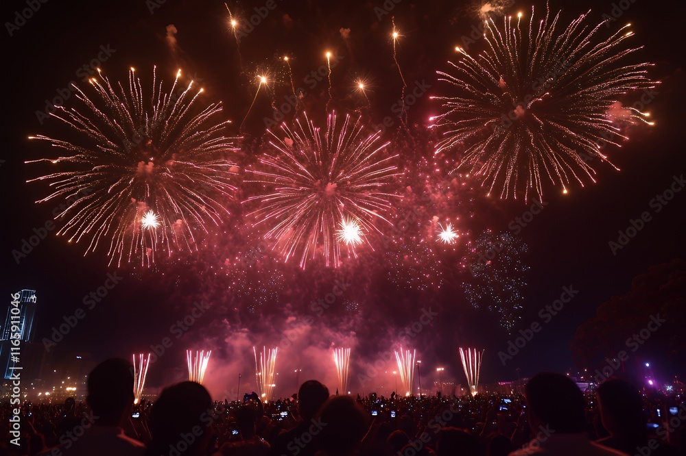 Obraz premium Vibrant Fireworks Display Over City Crowd At Night