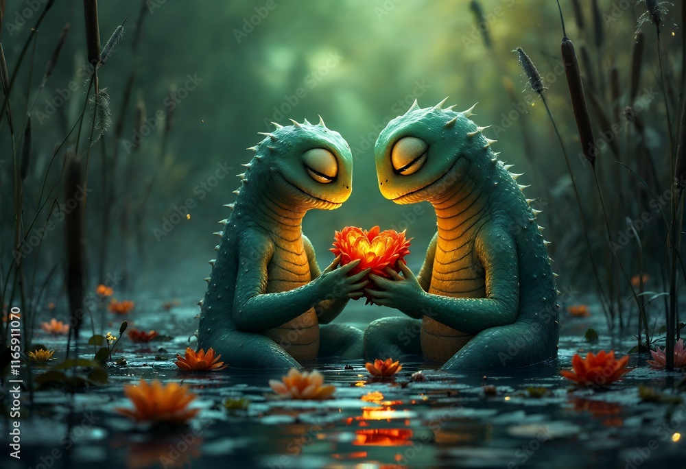 Fototapeta premium Enchanted Lizards: A Serene Nighttime Embrace in a Mystical Swamp
