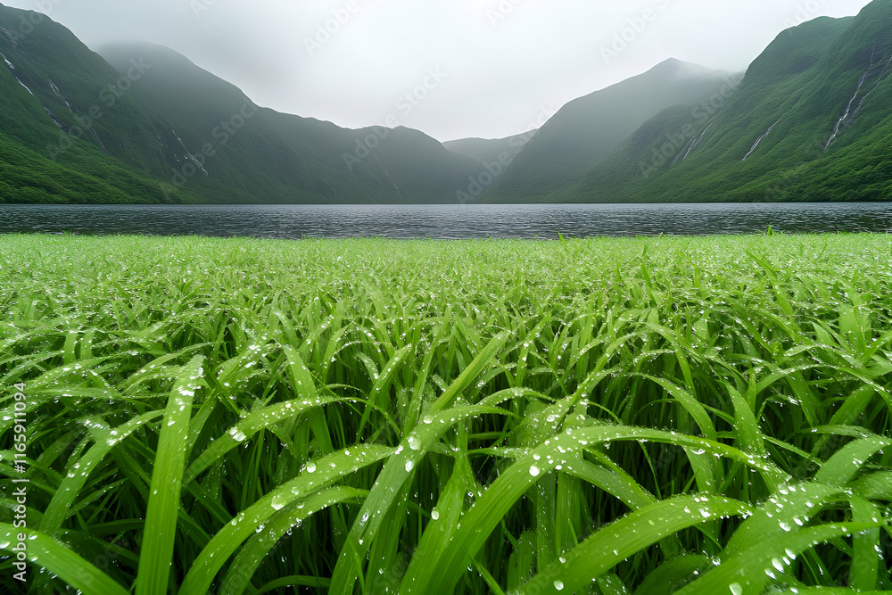 Fototapeta premium Dewy Grass, Misty Mountain Lake