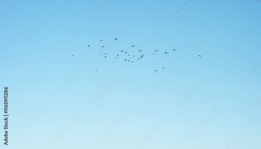 Flock of birds flying against a clear blue sky during daytime Flock of birds flying against a clear blue sky during daytime