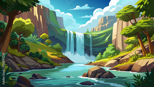 A dramatic cliffside waterfall cascading into a clear pool below, surrounded by lush greenery and the sound of rushing water filling the air