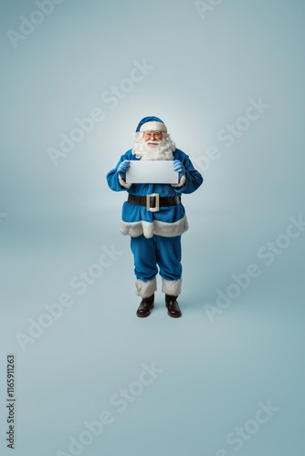 A whimsical reimagining of Santa Claus dressed in blue, holding a blank white sign, set against a soft blue backdrop, perfect for holiday themes