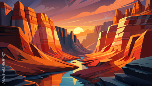 A rugged canyon illuminated by the warm light of the setting sun, with steep walls of red rock and a small river carving its way through the valley floor