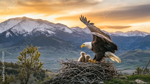 Majestic bald eagle with its eaglets at sunset in a mountain nest.