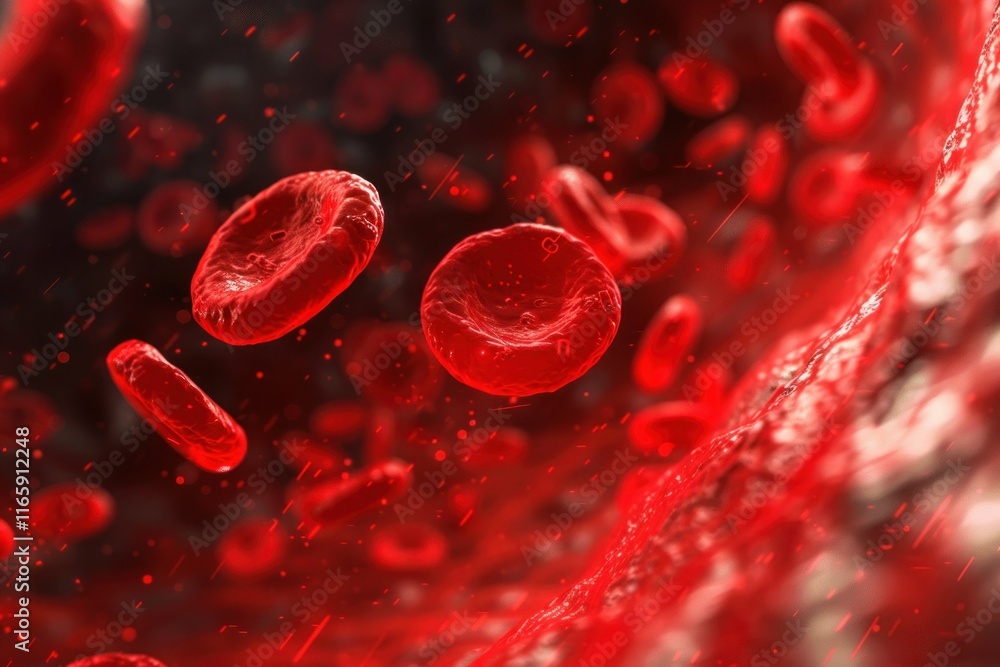 Fototapeta premium Close-up of red blood cells flowing through a narrow vessel, illuminated by soft light